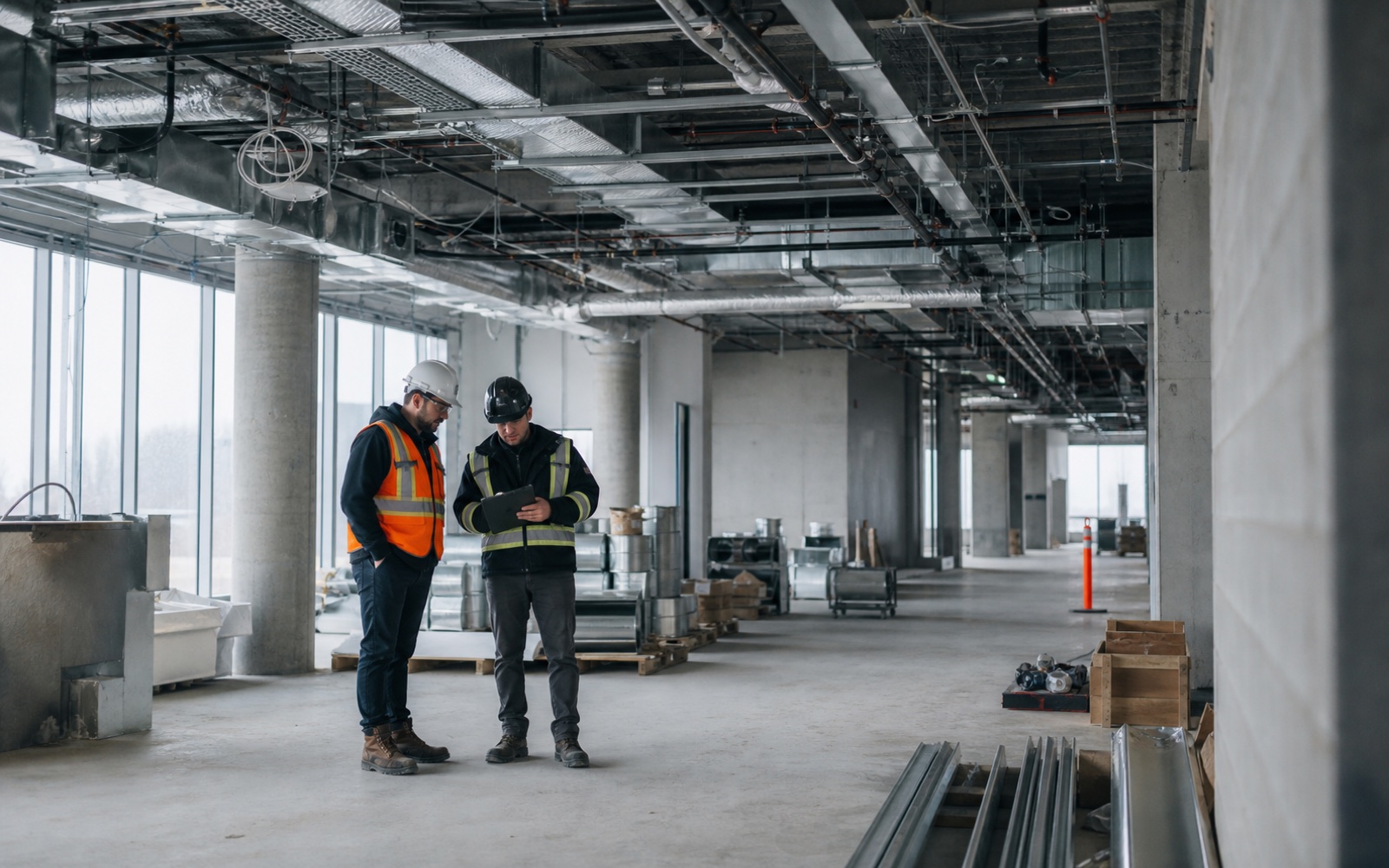 Deux responsables de projet révisent l’avancement des travaux sur un chantier.